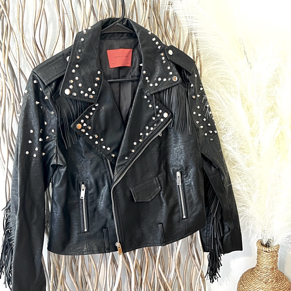 Signature8 leather studded jacket with FRINGE